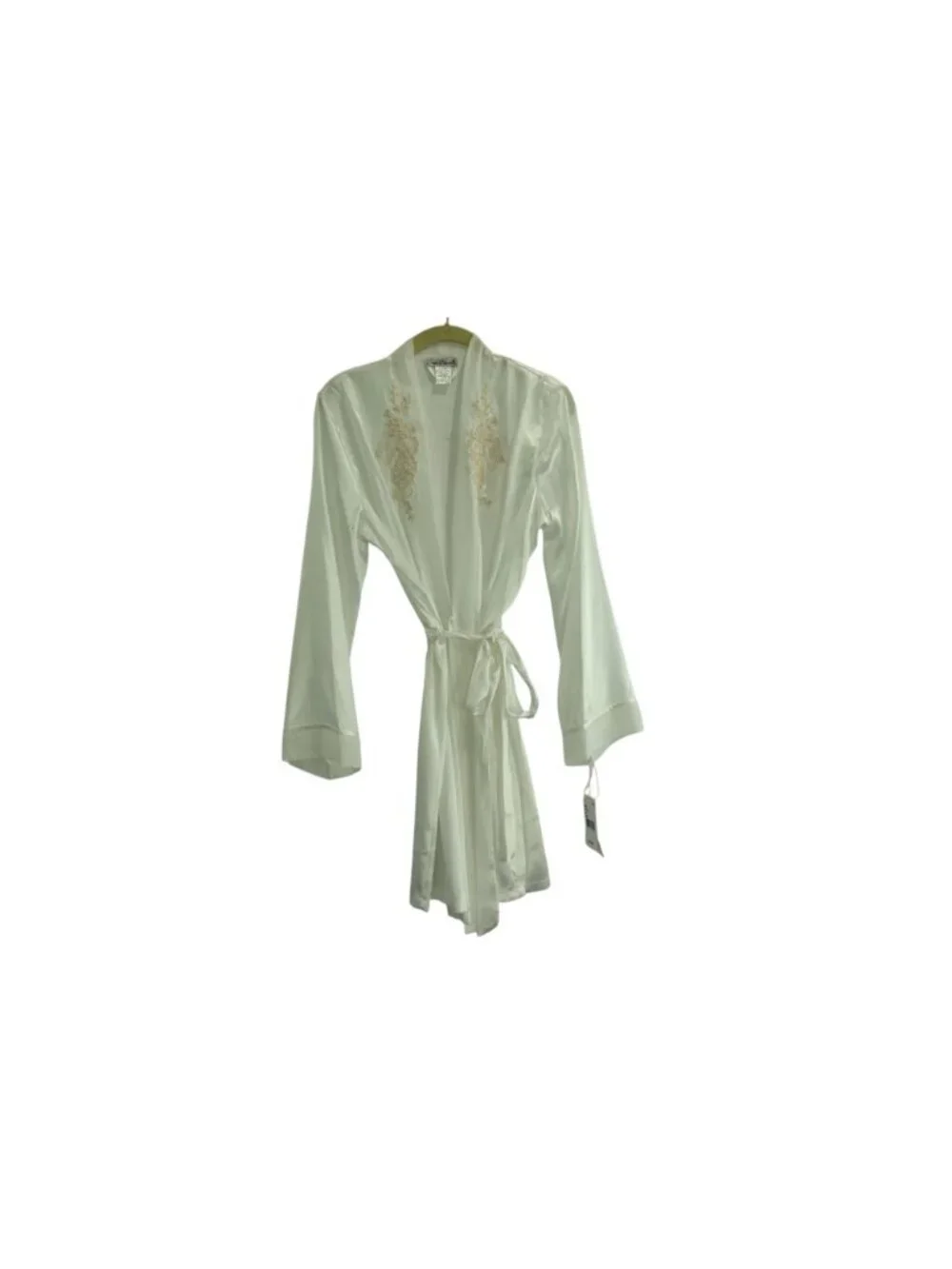 NWD Linea Donatella Satin Lace Trim Robe Sz S/M Ivory Long Sleeve Wrap Kimono